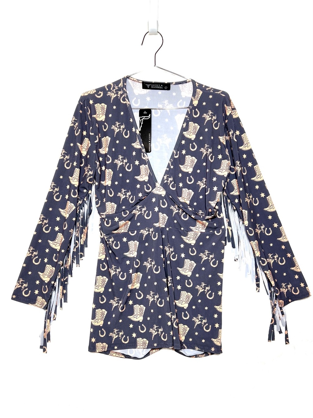 🤠 NWT | Lucky & Blessed | Western Fringe Romper | Cowboy Print Long Sleeve | L - Picture 2 of 6